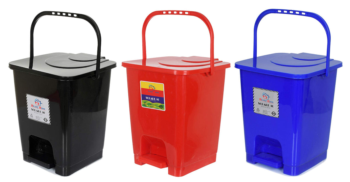 Heart Home Premium Plastic Pedal Dustbin 10 Ltr (Black & Red & Blue)-Pack of 3