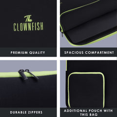 The Clownfish Jawa Series Neoprene Unisex 15.6 inch Tablet Case Laptop Sleeve Laptop Case Slipcase with Zip Pouch (Black with Green Top Piping)