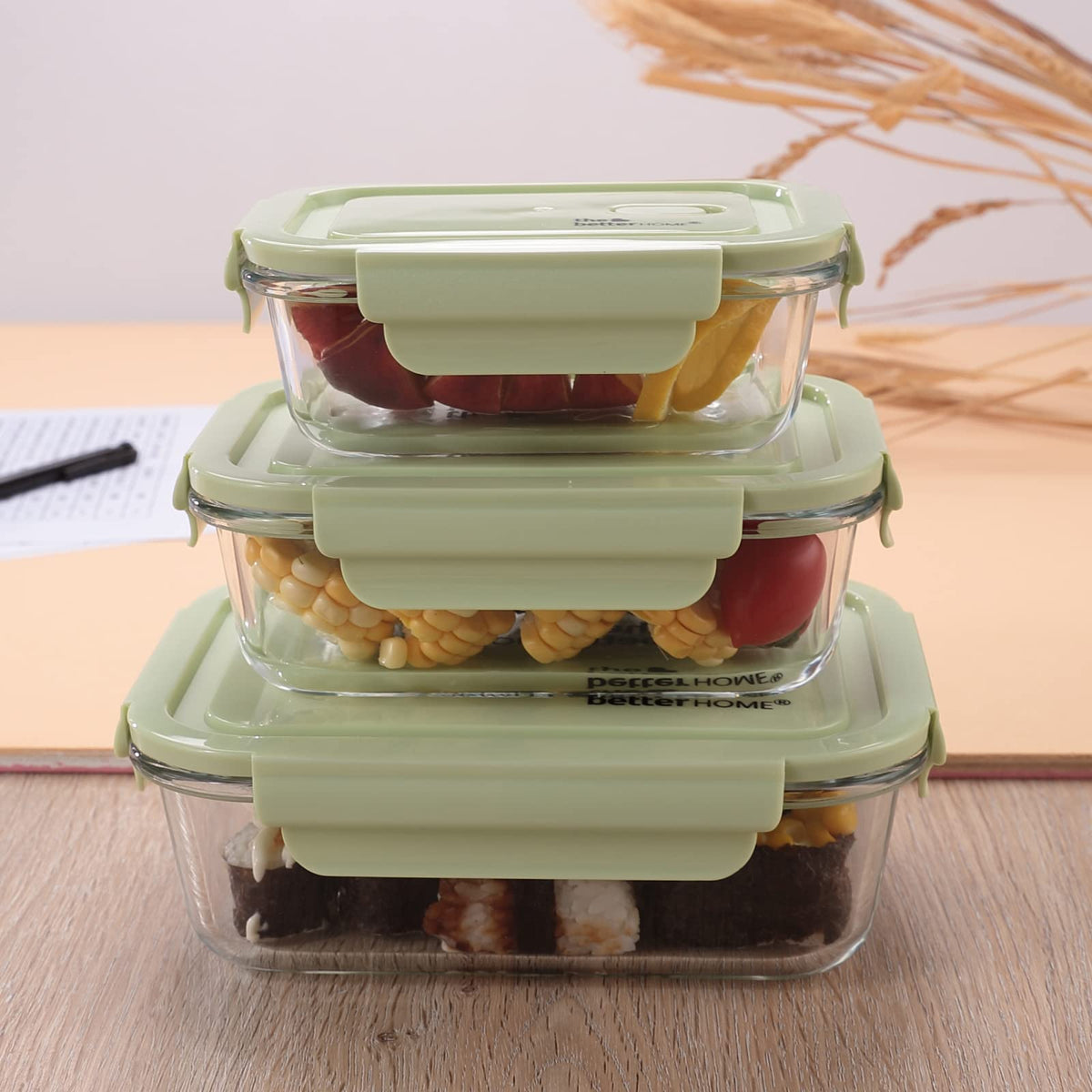 The Better Home Borosilicate Glass Lunch Box Set of 3 | Tiffin Box for Office for Men Women |Lunch Box for Women School Kids | Microwave Safe Leak Proof Airtight (Green - 1040ml, 680ml, 410ml)