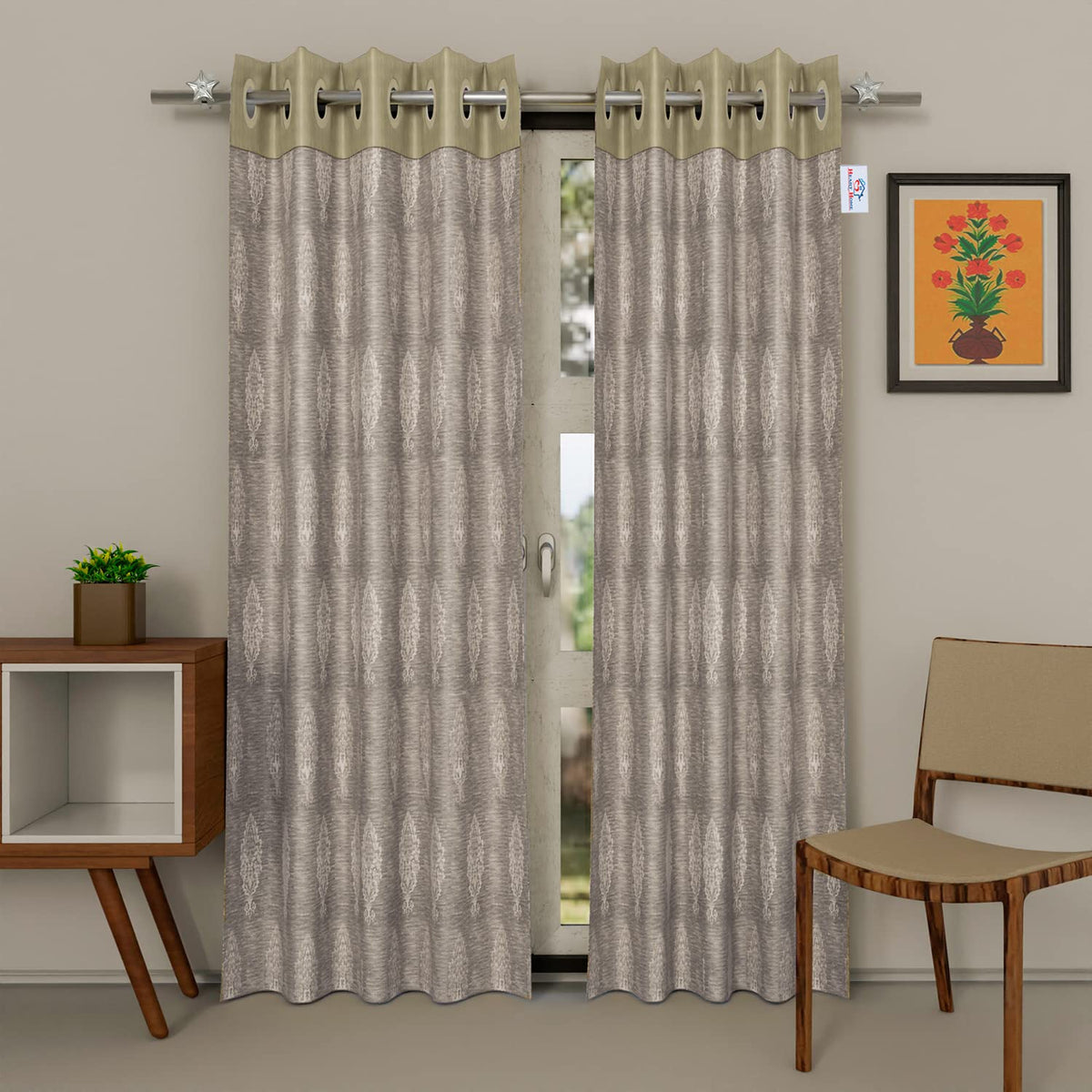 Heart Home Faux Silk Decorative 9 Feet Long Door Curtain | Damask Print Blackout Drapes Curtain with 8 Eyelet for Home & Office, Pack of 2 (Cream)