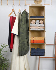 Kuber Industries 4 shelf Closet Organizer For Wardrobe|Non-woven Collapsible Wardrobe|Hanging Shelf For clothes|4 shelves Cloth Organizer (Beige)
