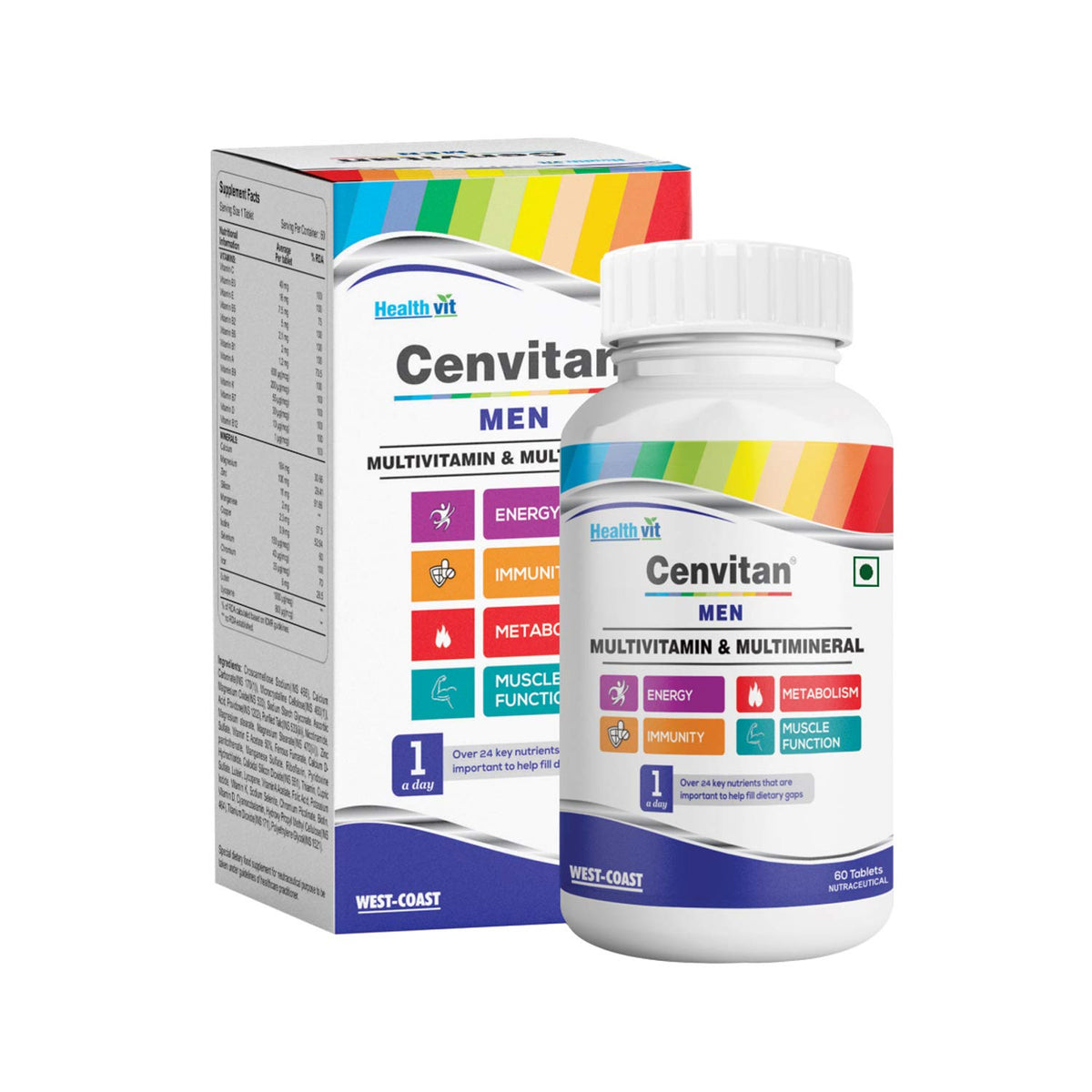 Healthvit Cenvitan Multivitamin for Men | Men Daily Nutrition, Immunity Booster | Hair, Skin and Nails | Bone Health | Energy Boost | Metabolism Booster - 60 Tablets (24 Nutrients)