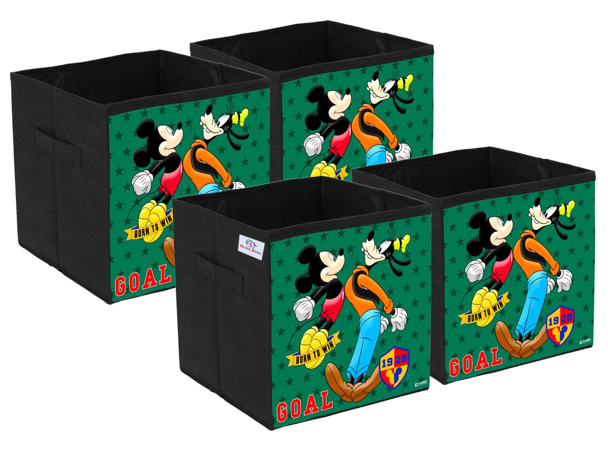 Heart Home Disney Mickey & Goofy Print Durable & Collapsible Square Storage Box|Clothes Organizer With Handle,Pack of 4 (Black)