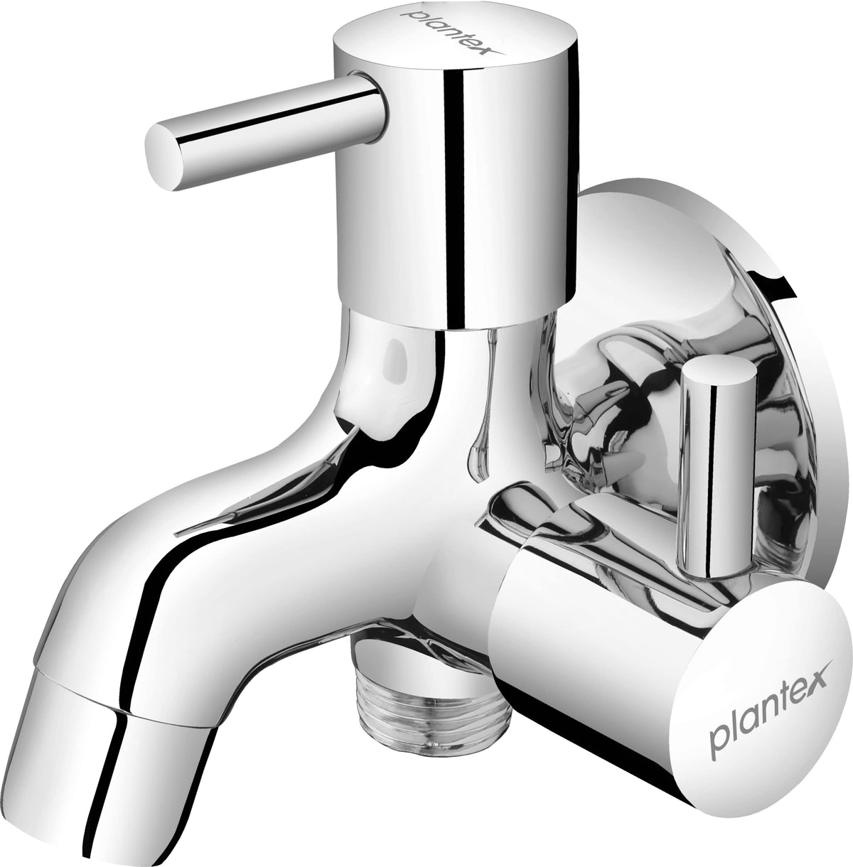 Plantex ICO-907 Pure Brass 2 in 1 Bib Tap/2-Way Angle Cock for Bathroom/Quarter Turn Tap with Brass Wall Flange & Teflon Tape (Mirror-Chrome Finish)