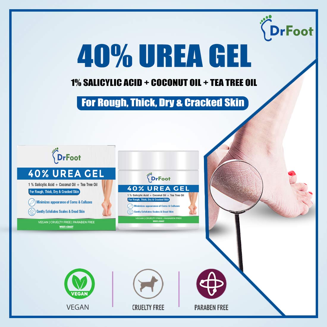 Dr Foot 40% Urea Gel with 1% Salicylic Acid, Coconut & Tea Tree Oil Moisturizes Callus Cracked Rough Dry Dead Skin and Corns, Softens Thick Painful Nails, 100gm (Pack of 2)