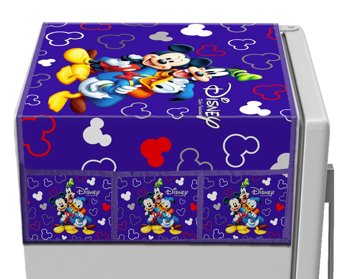 Kuber Industries Disney Print Satin Fridge Top Cover, Protect for Scratches with 6 Utility Side Pockets (Blue)