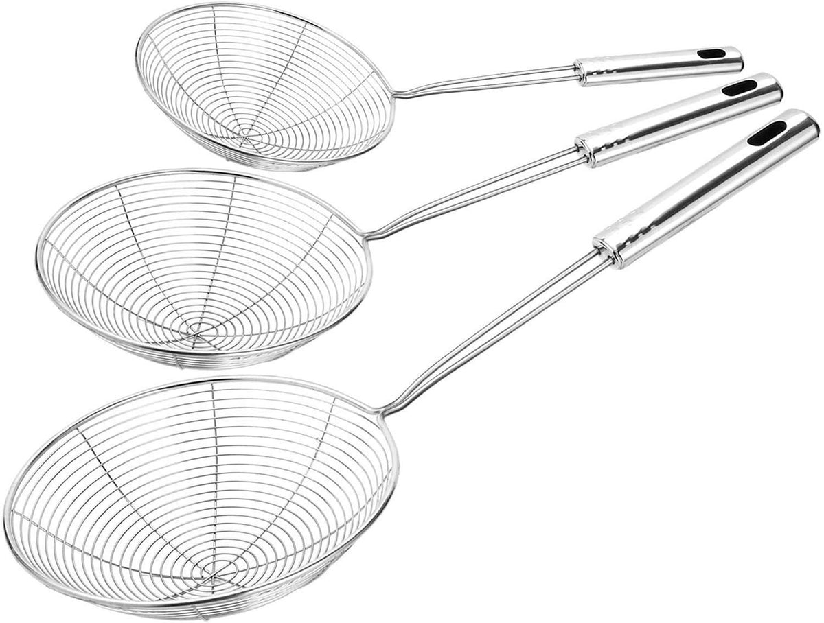 Kuber Industries Multiuses Stainless Steel Deep Fry Jhara Skimmer Puri Strainer with Handle (16,18, 20cm)- Set of 3 (Silver), Standard, (49KM053)