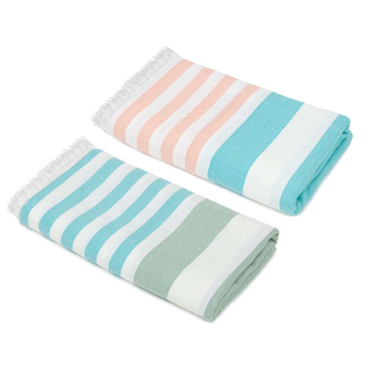 Mush Bamboo Extra Large Cabana Style Turkish Towel | Ideal for Beach, Bath, Pool, Travel & Yoga | Size : 90 x 160 cms | Peach-Turquoise & Turquoise-Light Green, Pack of 2