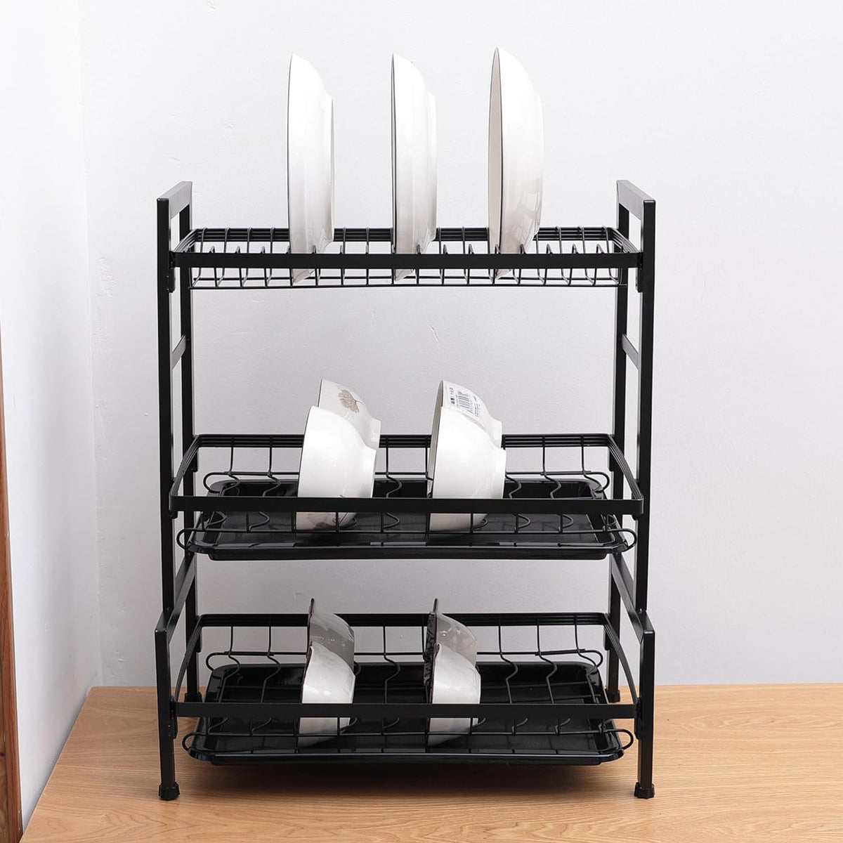 Plantex 3-Layer Dish Drying Rack/Storage Rack for Kitchen Counter/Drainboard & Cutting Board Holder/Premium Utensils Basket/Free Mounting (Black)