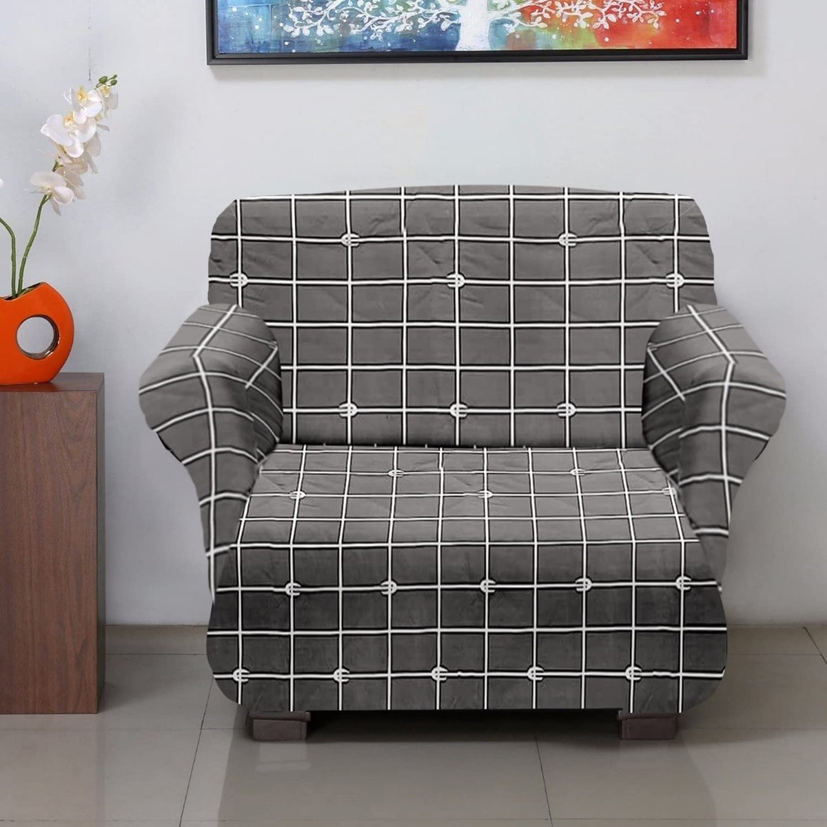 Kuber Industries Check Printed Stretchable, Non-Slip Polyster Single Seater Sofa Cover/Slipcover/Protector with Foam Stick (Grey)-50KM01393,Standard