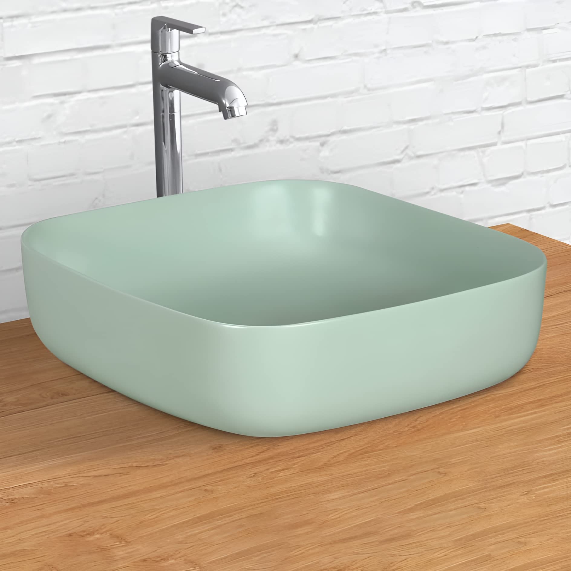 Plantex Premium Tabletop Ceramic Square Wash Basin/Countertop Bathroom Sink (Olive, 16 x 16 x 5 Inch)