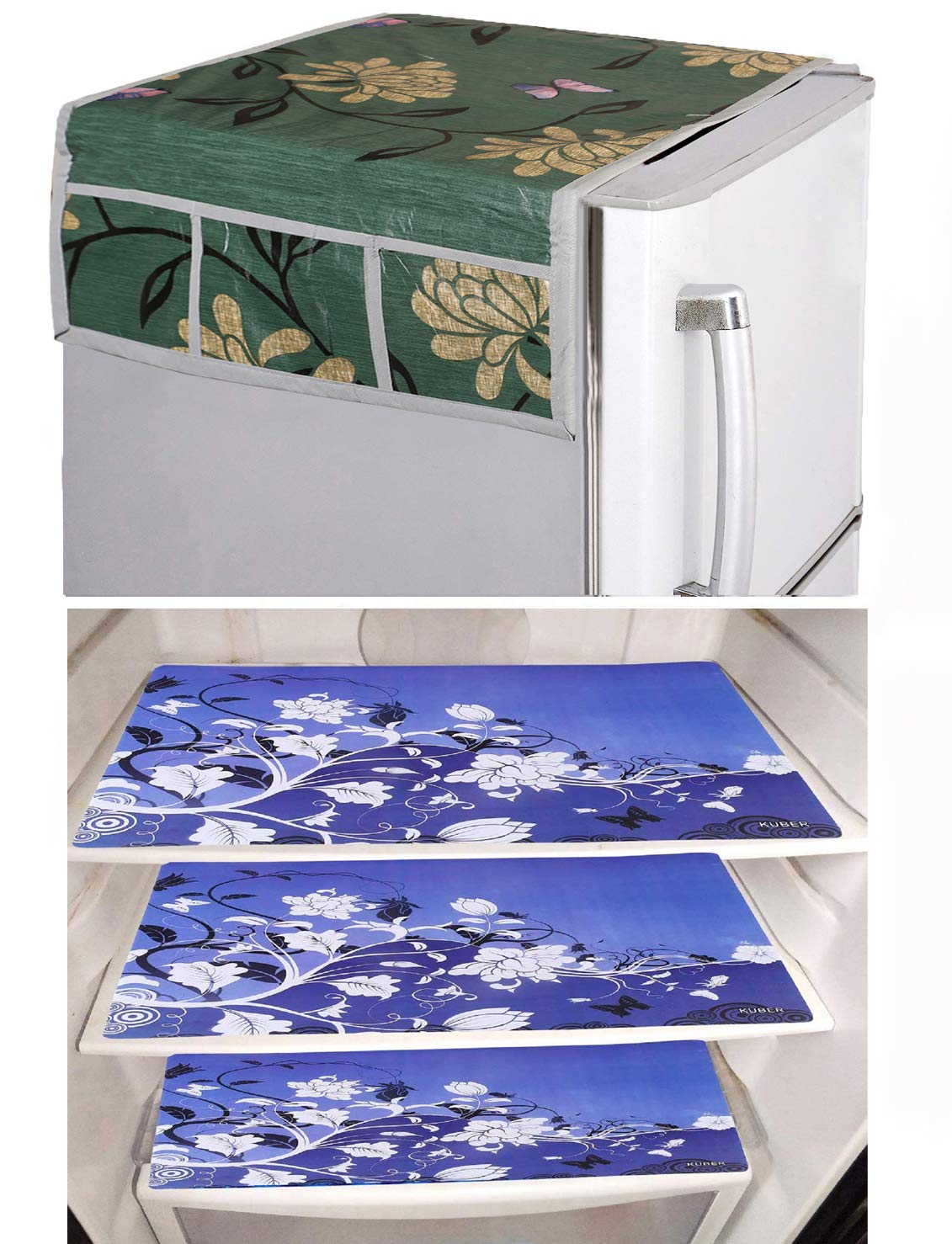 Kuber Industries PVC 3 Pieces Fridge Mats and 1 Piece Fridge Top Cover (Green)-CTKTC32816