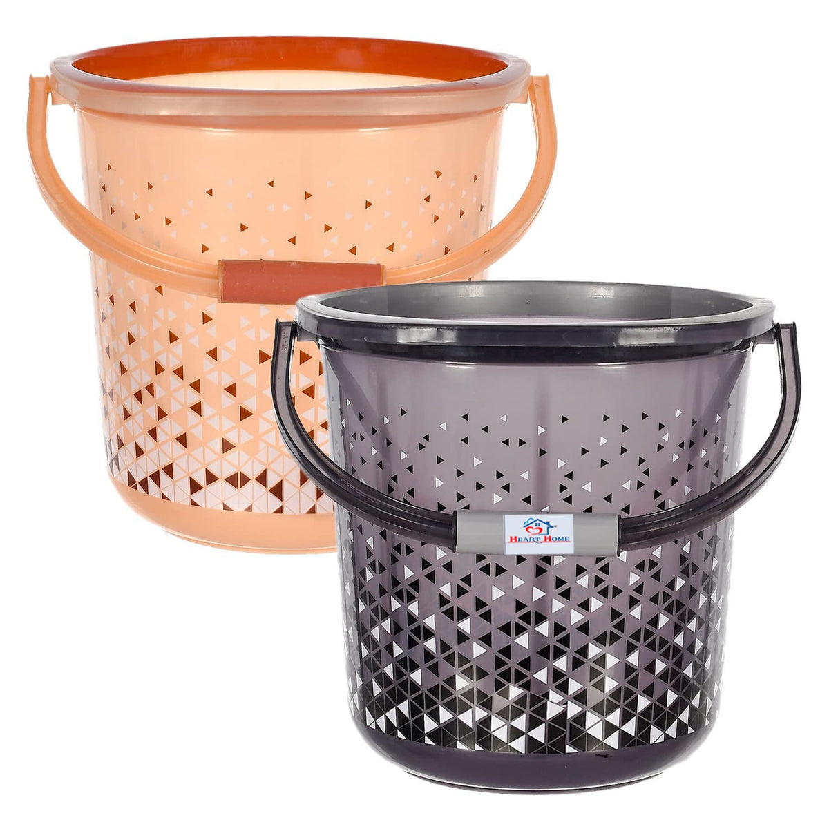 Heart Home Unbreakable Plastic Triangle Print Bucket for Home & Bathing with Handle 18 LTR Pack of 2 (Black & Brown) 54HH3938.