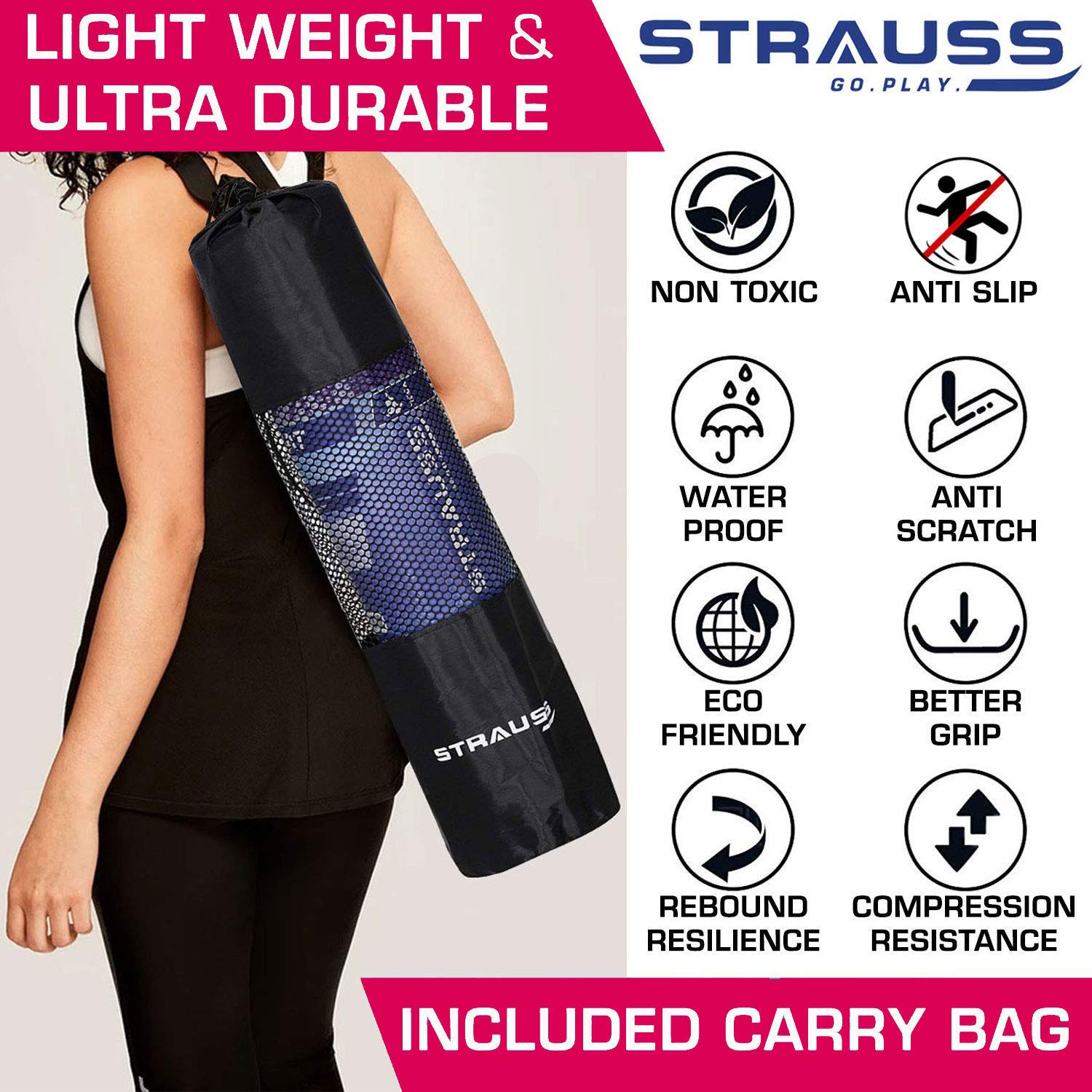 Strauss Anti Skid EVA Yoga Mat with Carry Strap, 4mm, (Grey