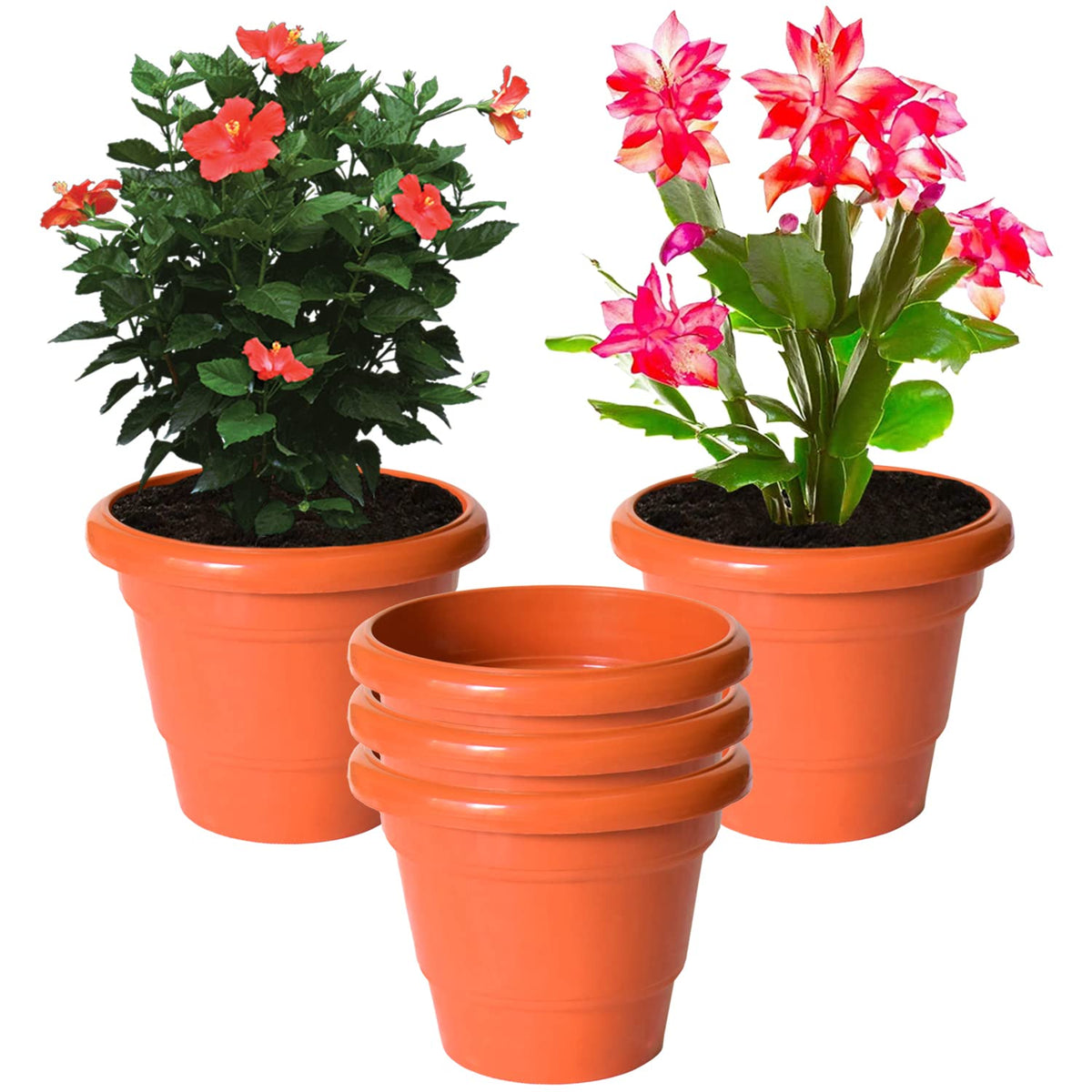 Kuber Industries Solid 2 Layered Plastic Flower Pot|Gamla for Home Decor,Nursery,Balcony,Garden,6"x5",Pack of 5 (Orange)