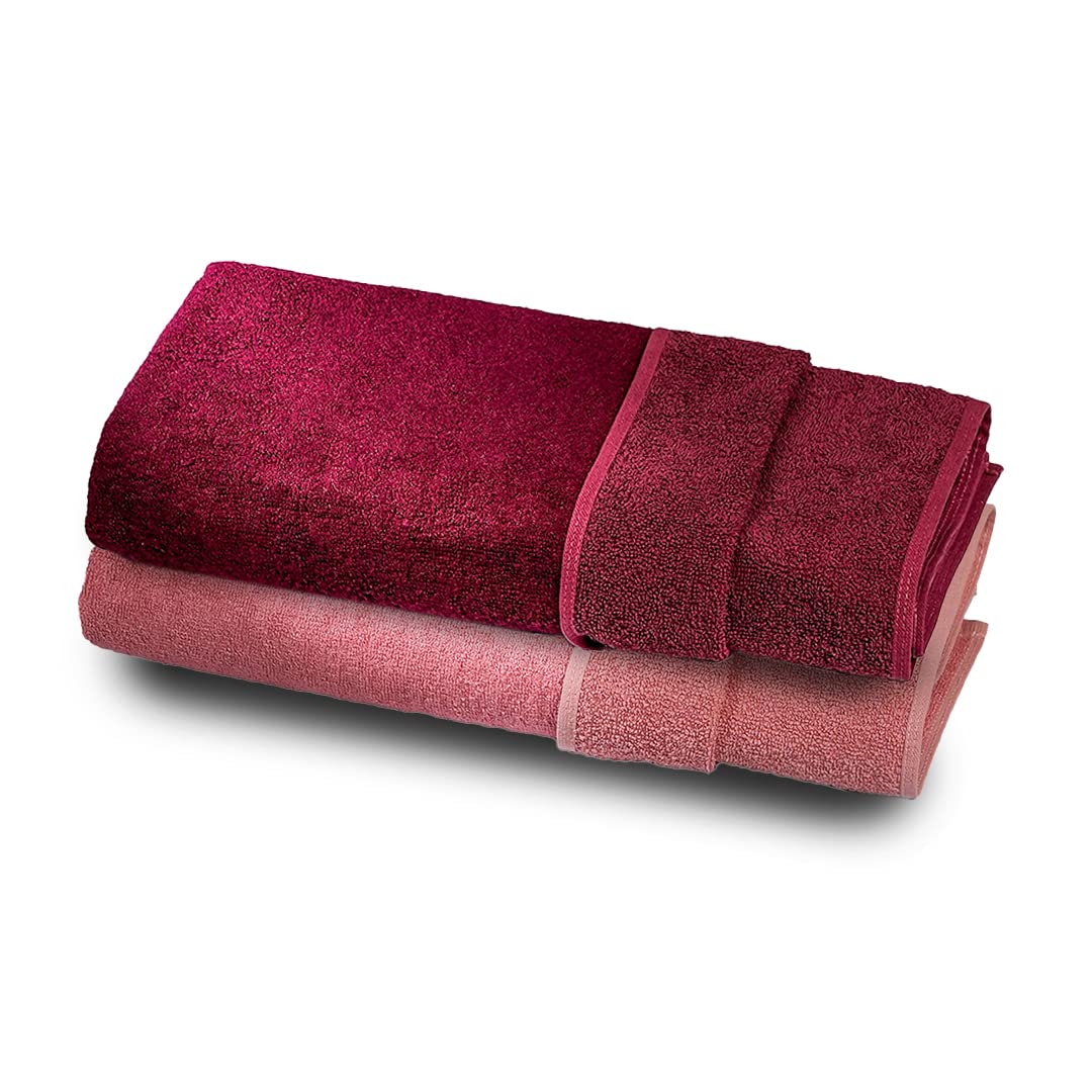 Mush Duo - One Side Soft Bamboo Other Side Rough Cotton - Special Dual Textured Towel for Gentle Cleanse & Exfoliation (2, Coral Orange & Ruby red)