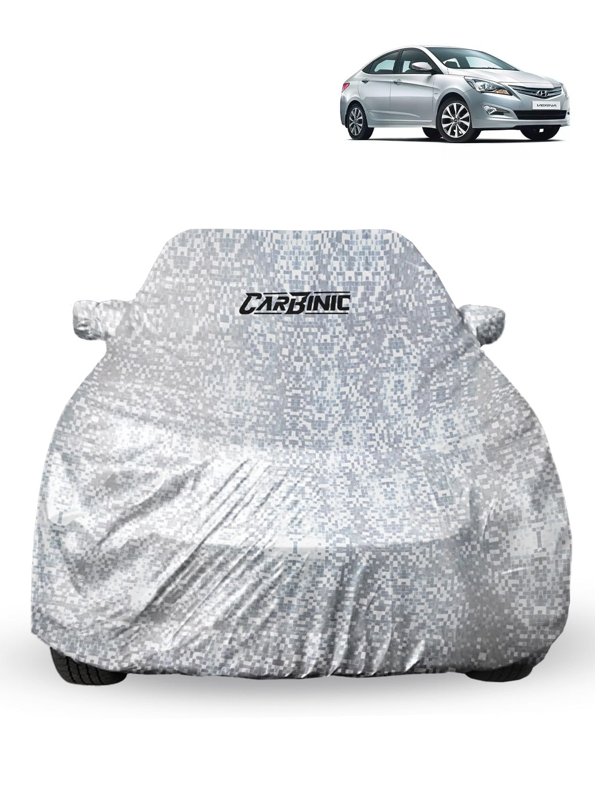 CARBINIC Car Cover for Hyundai Fluidic Verna 4S2016 Waterproof (Tested) and Dustproof Custom Fit UV Heat Resistant Outdoor Protection with Triple Stitched Fully Elastic Surface | Silver with Pockets