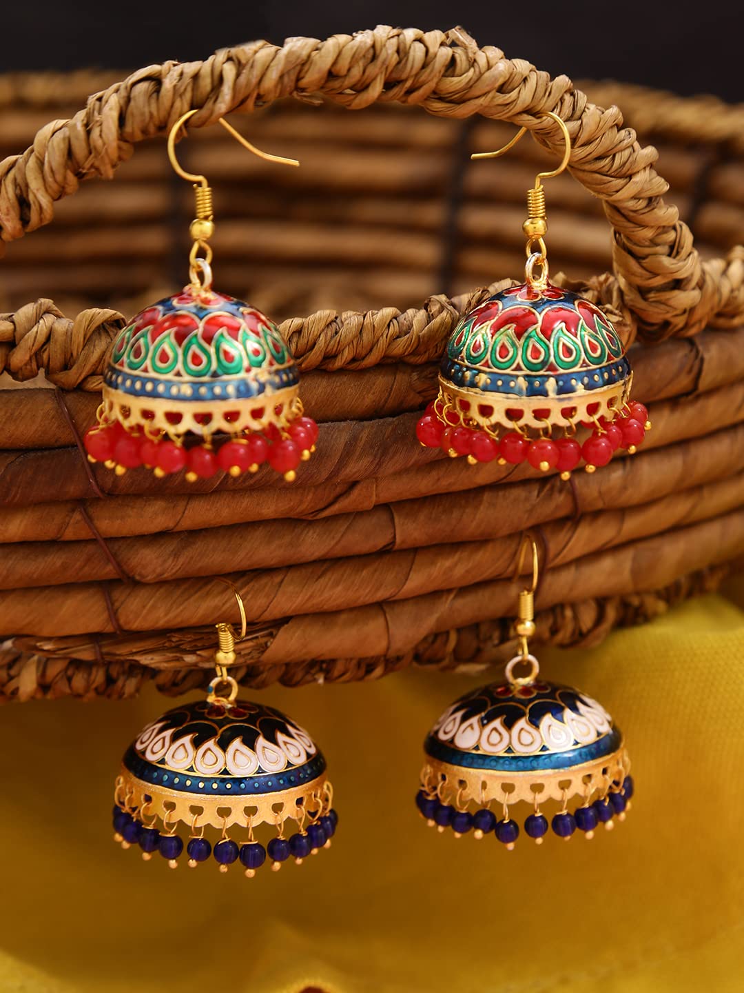 Gold-Toned & Red Dome Shaped Jhumkas – Panash Accessories