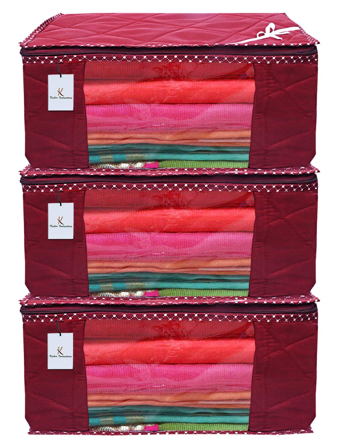 Kuber Industries 3 Layered Quilted 3 Pieces Cotton Saree Cover Set (Maroon) - CTKTC23171