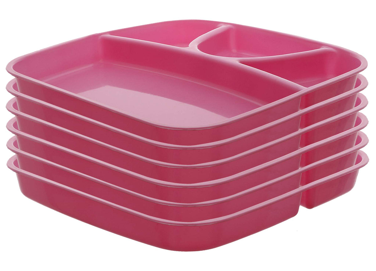 Kuber Industries 6 Pieces Microwave Safe Unbreakable Plastic Food Plate with Partitions (Pink) - CTKTC034706