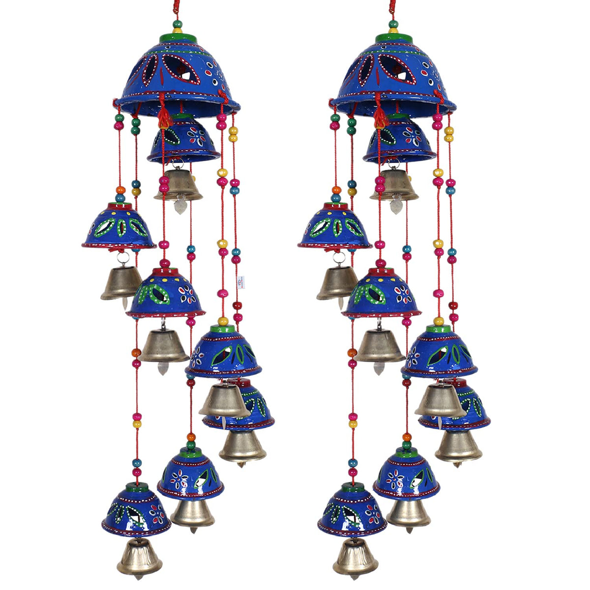 Heart Home Rajasthani Design Handcrafted Hanging Windchimes|Latkan with 8 Bells for Home Décor & Positive Energy,Pack of 2 (Blue)