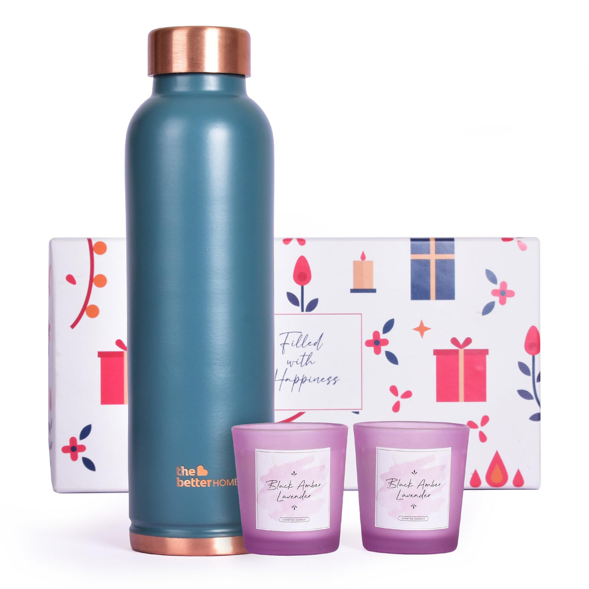 Gleevers Gift Set for Housewarming, Diwali |Gift Box Pack of 3 with The Better Home Water Bottle (Teal, 1 LTR) & 2 Candles (Lavender, 60gm) | Gift for Housewarming, Diwali Gift