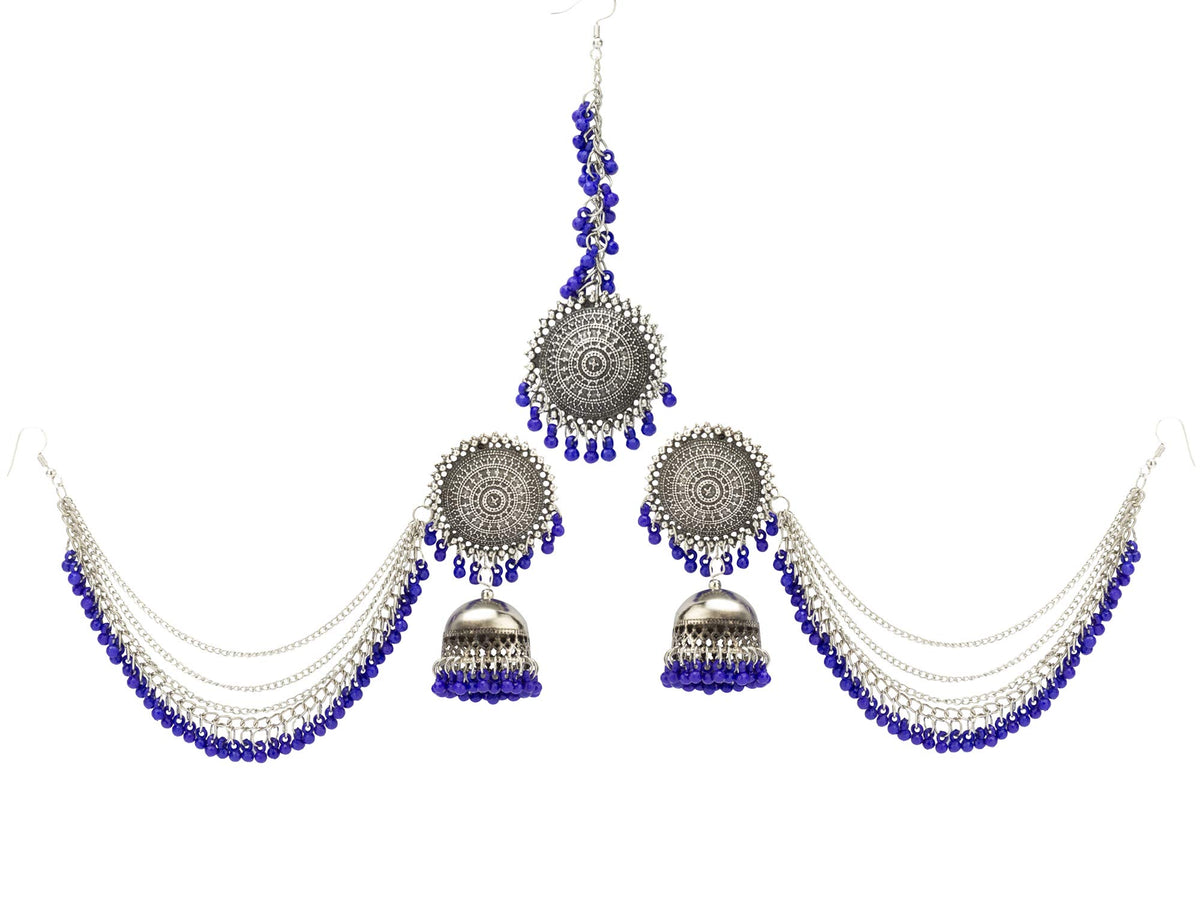 Yellow Chimes German Oxidised Silver Antique Traditional Maang Tikka with Earrings Jewellery Set for Women and Girls (Blue)