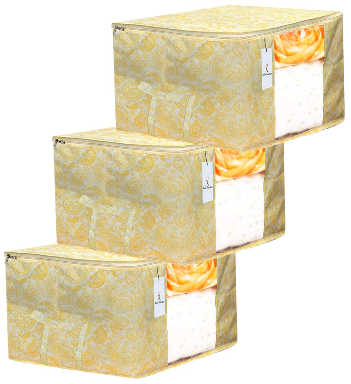 Kuber Industries Leaf Design 3 Piece Non Woven Underbed Storage Bag, Storage Organiser, Blanket Cover with Transparent Window, Extra Large, Gold CTKTC034498