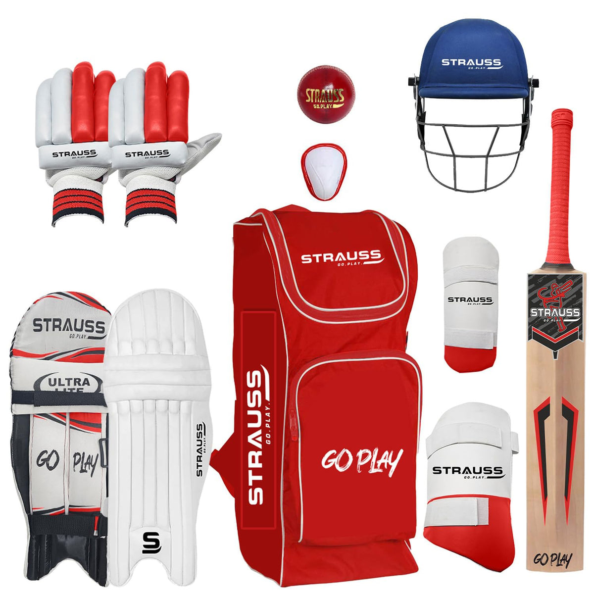 Strauss Kashmir Willow Cricket Kit Bag | Includes Leather Cricket Ball | Ideal for Age Group 15+ |Cricket Accessories for Boys | Perfect for Training & Matches | Set of 9 |Size: Full Size, (Red)