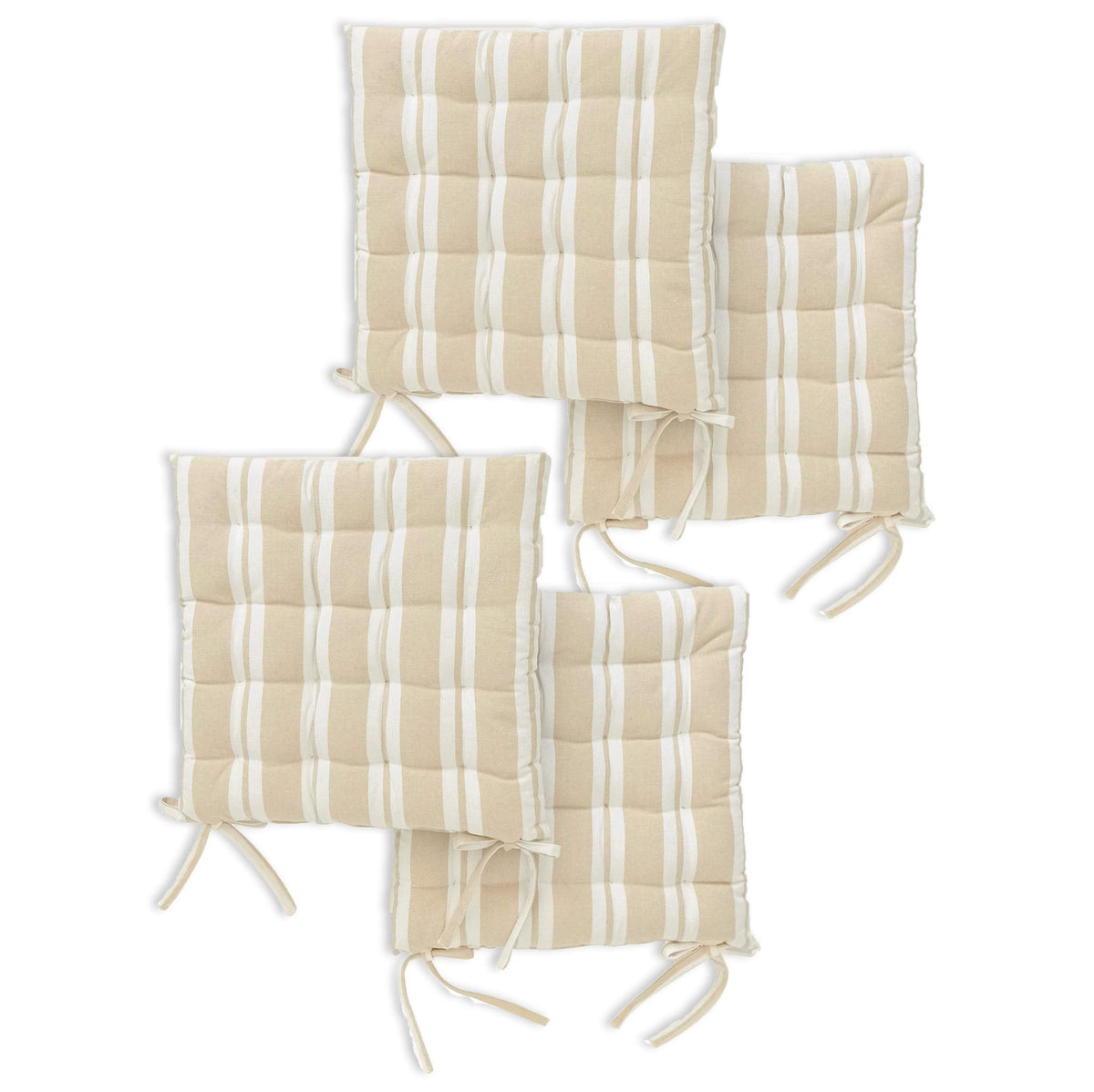 Encasa Homes Chair Cushions 40x40 cm with Ties 4 pcs - Franca Beige Stripes - Stripe Cotton Fabric, Rich Square Seat Cushions Micro-Fiber Filling, Large Size for Sitting, Sofa, Dining Table & Outdoor