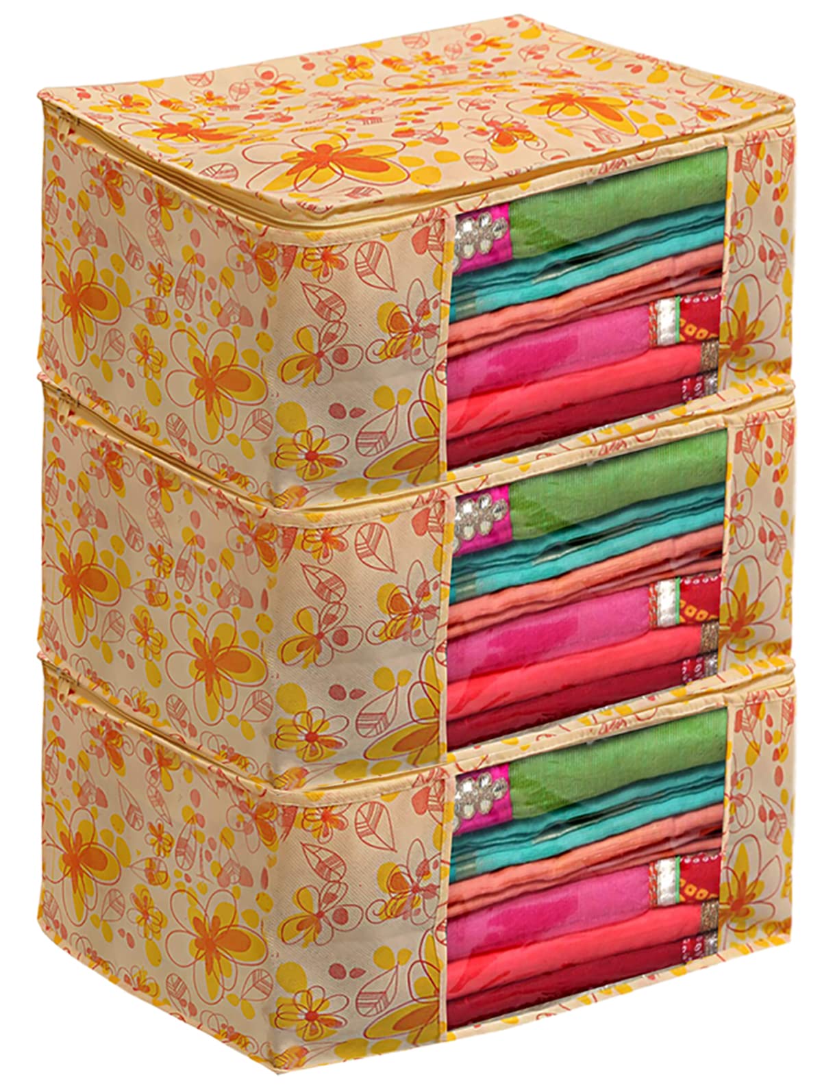 Kuber Industries Flower Printed Non-Woven Saree Cover With Tranasparent Window- Pack of 3 (Yellow)