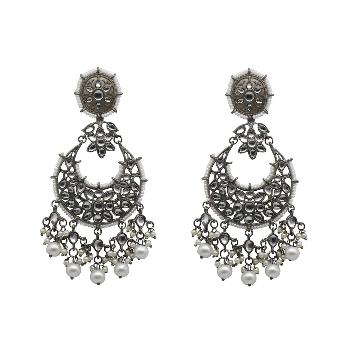 Teejh Tulsi White Floral Silver Antique Pearl Chandbali Earrings For Women