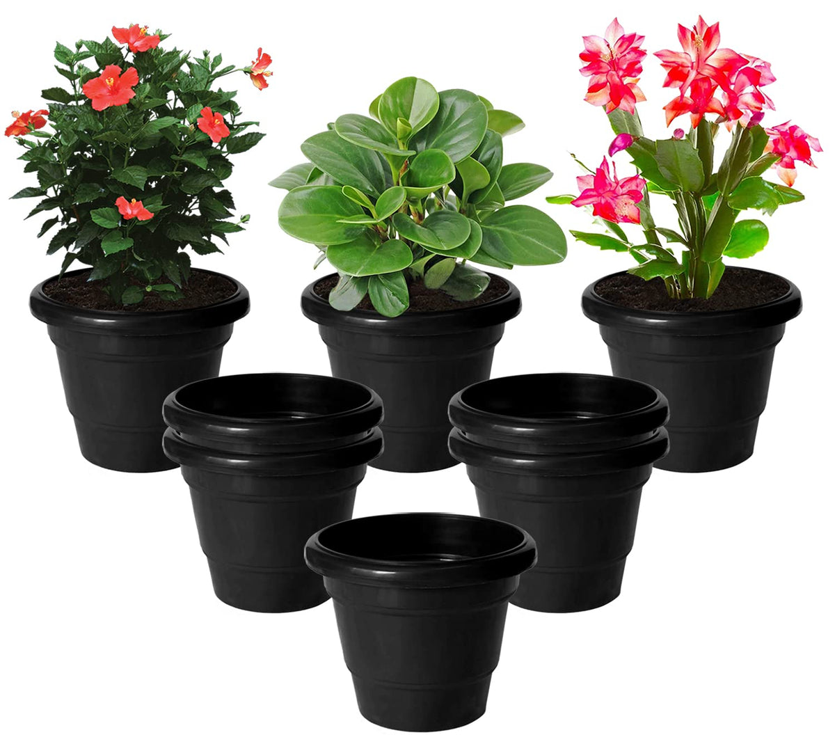 Kuber Industries Solid 2 Layered Plastic Flower Pot|Gamla for Home Decor,Nursery,Balcony,Garden,8"x 6",Pack of 8 (Black)