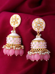 Yellow Chimes Traditional Gold Toned Pink Floral Design Pearl Meenakari Jhumka Jhumki Earrings for Women and Girls, Medium (YCTJER-92MNKJHK-PK)