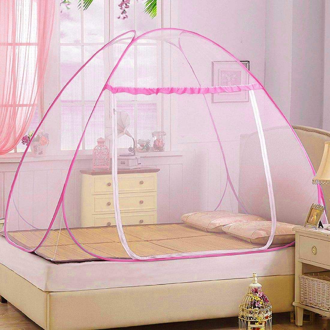 Heart Home Nylon Single Bed Mosquito Net|Easily Foldable Machardani|Nylon Strong Net|Single Bed Size & Corrosion Resistant|Size 198 x 122 x 140 CM (Pink)-46HH0464