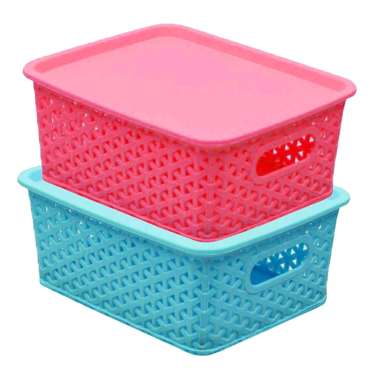 Kuber Industries Plastic 2 Pieces Small Size Multipurpose Solitaire Storage Basket with Lid (Multi)-CTKTC25450