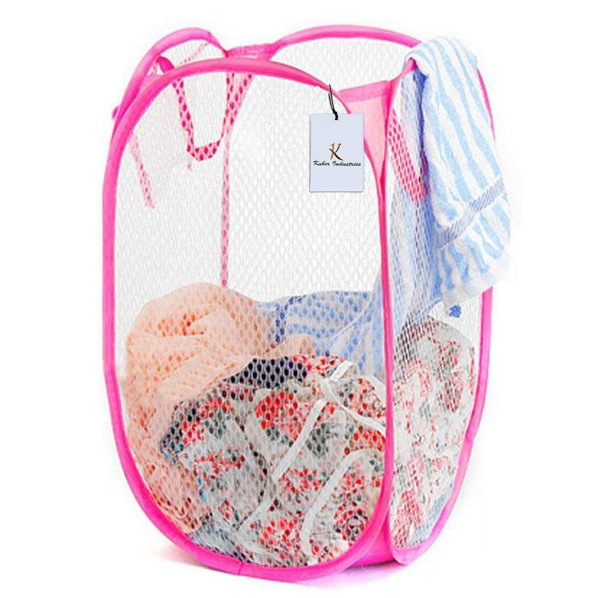 Kuber Industries Nylon Mesh Laundry Basket|Sturdy Material & Durable Handles|Netted Lightweight Laundry Bag, Size 36 x 36 x 58, Capicity 30 Ltr (Pink)