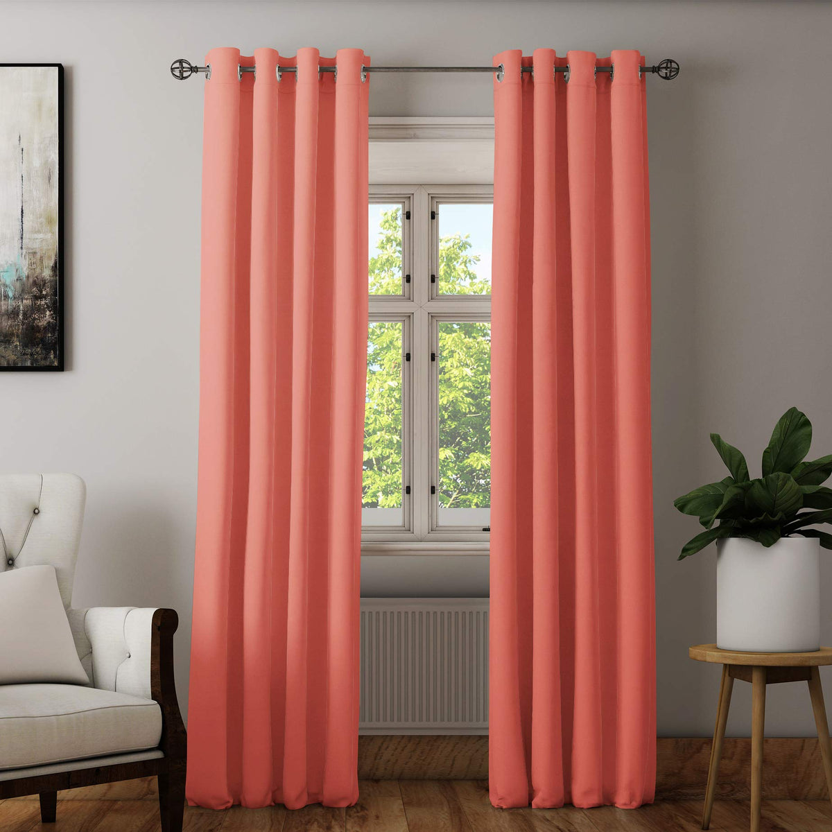 Encasa Homes Grommet Door Curtain 7 ft, Solid Dyed Cotton Panama Fabric, Light-Filtering, Curtains for Kitchen, Bedroom, Living Room (137x213 cm), Coral, Set of 2