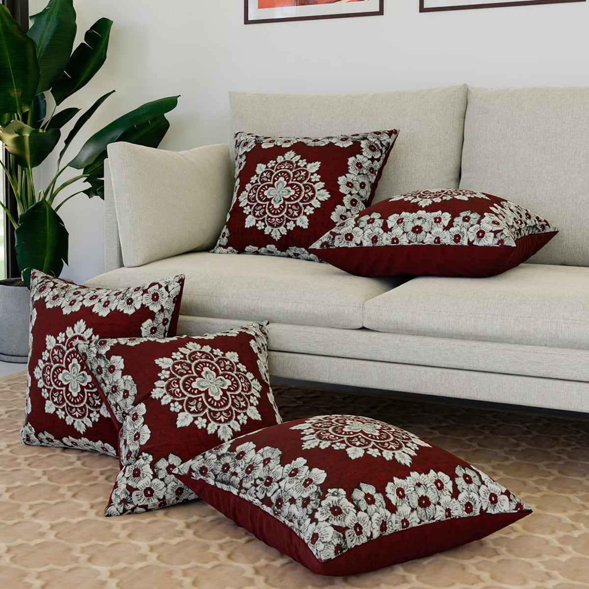Kuber Industries Cushion Cover | Sofa Cushion Covers | Embossed Square Cushion Covers | Velvet Cushion Covers | Couch Cushion Covers | Set of 5 | 16 Inch | Maroon
