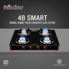 Surya Flame Smart Gas Stove Glass Top | LPG Gas Stove With Jumbo Burner | Unbreakable ABS Knobs | Anti Skid Legs | Rust Free Body - 2 Years Complete Doorstep Warranty (4 Burner, 2)