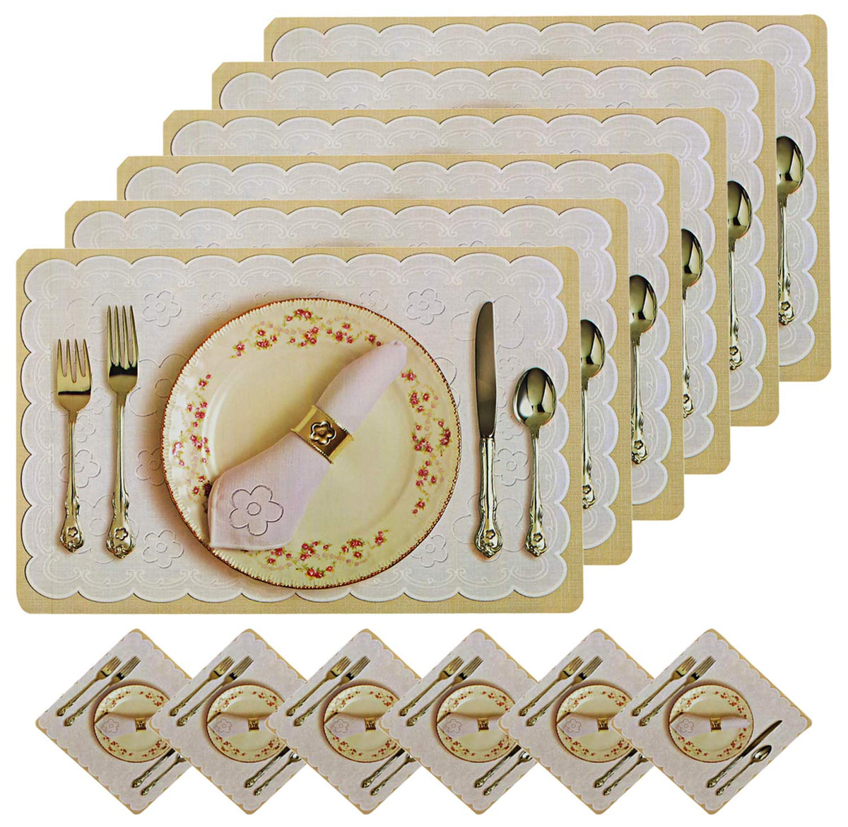 Kuber Industries Ctktc33905 PVC Plate Design Floral Dining Table Placemat Set with Tea Coasters (Cream, Standard, 6 Piece, Polyvinyl Chloride)