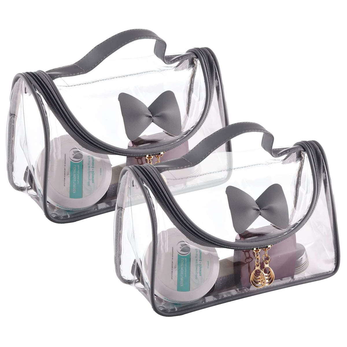 Kuber Industries Toiletry Kit|PVC Bow Design U Shape Chain Makeup Pouch for Woman|Transparent Waterproof Cosmetic Organizor with 30 mm Handle|Pack of 2 (Gray)