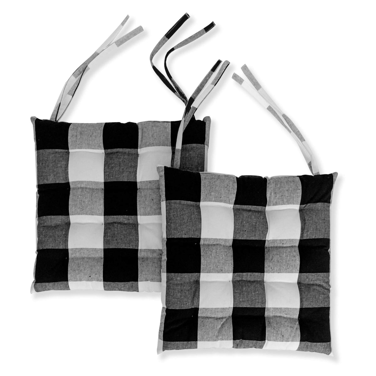 Encasa Homes Chair Cushions 40x40 cm with Ties 2 pcs - Buffalo Black Checks - Stripe Cotton Fabric, Rich Square Seat Cushions Micro-Fiber Filling, Large Size for Sitting, Sofa, Dining Table & Outdoor