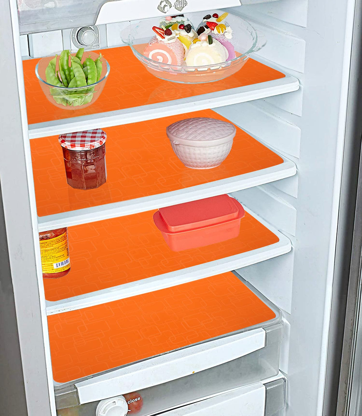 Kuber Industries Square Design PVC Fridge Drawer Mat, Set of 6 (Orange)