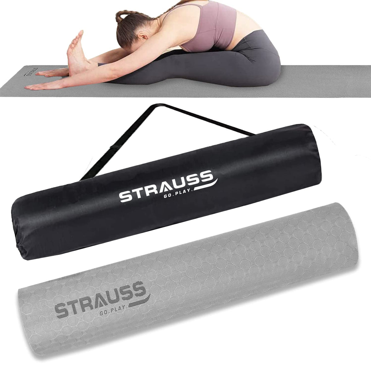 Strauss Anti Skid TPE Yoga Mat with Carry Bag, 4mm, (Grey)