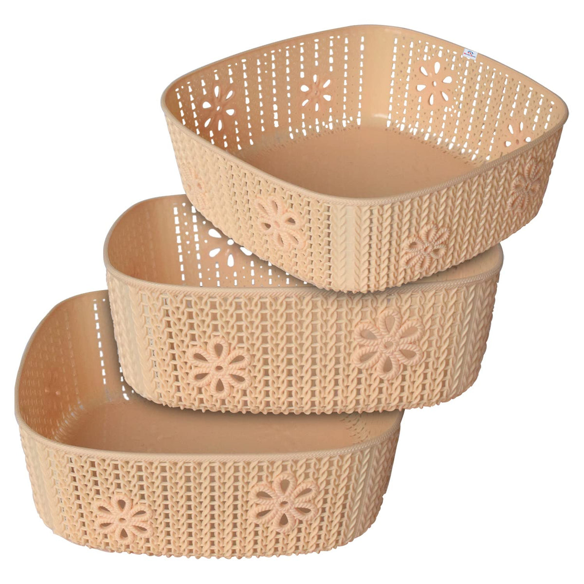 Heart Home Woven Design Multipurpose Square Shape Basket Ideal for Friuts, Vegetable, Toys Small, Medium, Large Pack of 3 (Beige)