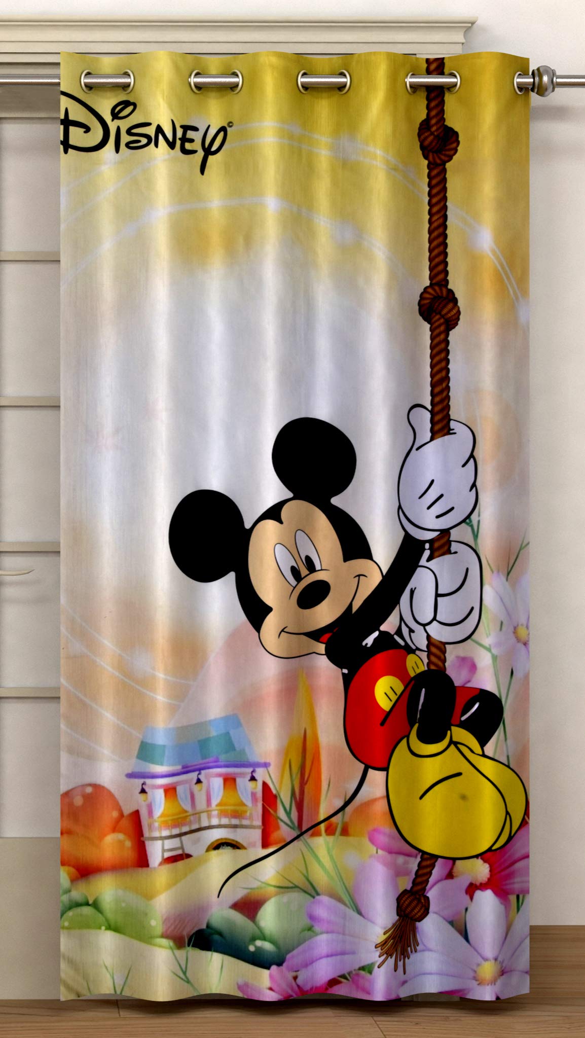 Kuber Industries Disney Mickey Print Polyester Special Blackout Long Crush Eyelet Door Curtain 7 Feet (Yellow)-KUBMART001