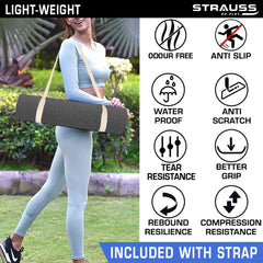 Strauss Anti Skid TPE Yoga Mat with Carry Strap, 6mm, (Black)