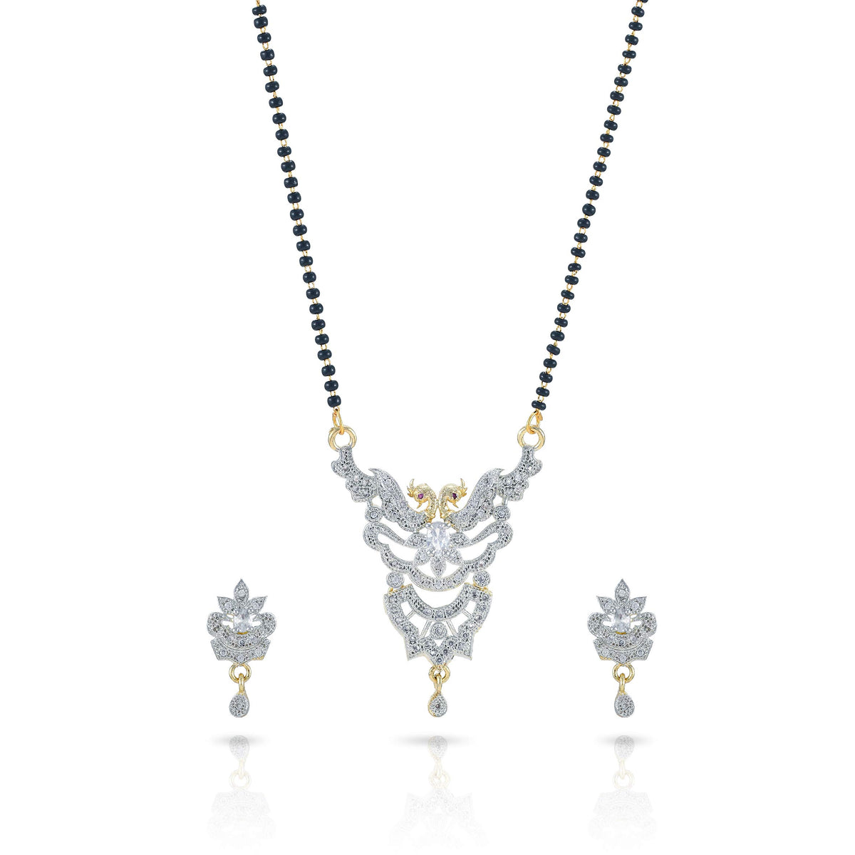 Yellow Chimes Sparkling AD/American Diamond Studded Ethnic Traditional Black Beads Designer Mangalsutra Pendant Set with Earrings for Women