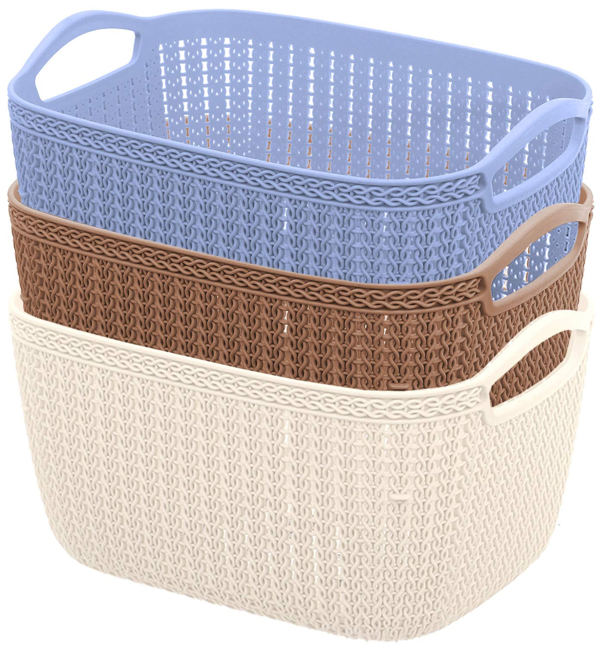 Kuber Industries Unbreakable Plastic 3 Pieces Multipurpose Large Size Flexible Storage Baskets/Fruit Vegetable Bathroom Stationary Home Basket with Handles (Brown & Cream & Grey) -CTKTC37858,standard